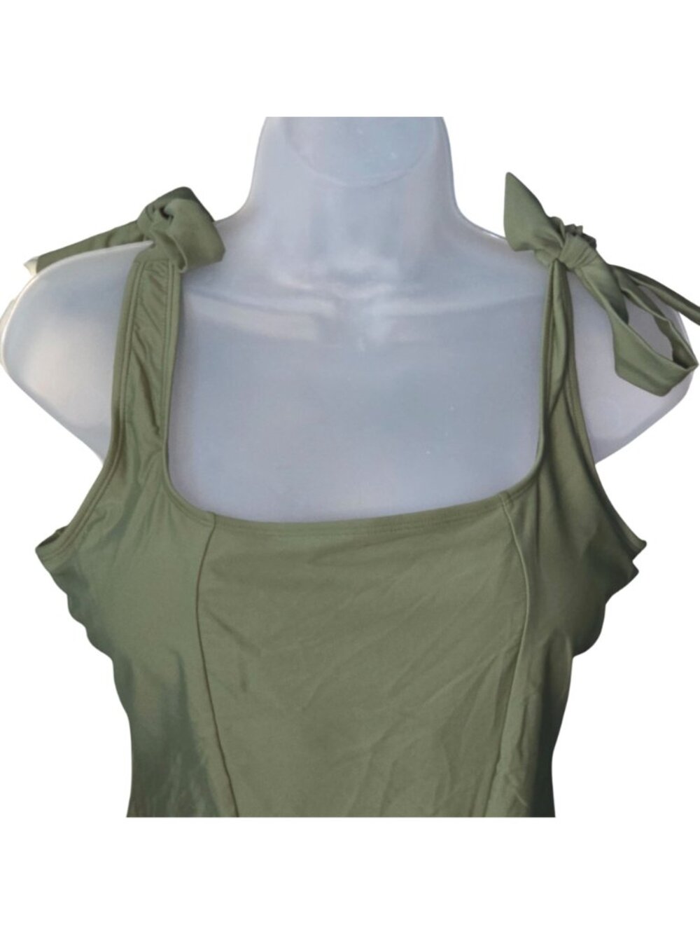 Square Neck One-Piece Swimsuit XL Green Tie-Strap Ruched Lined Removable Cups - Picture 2 of 10